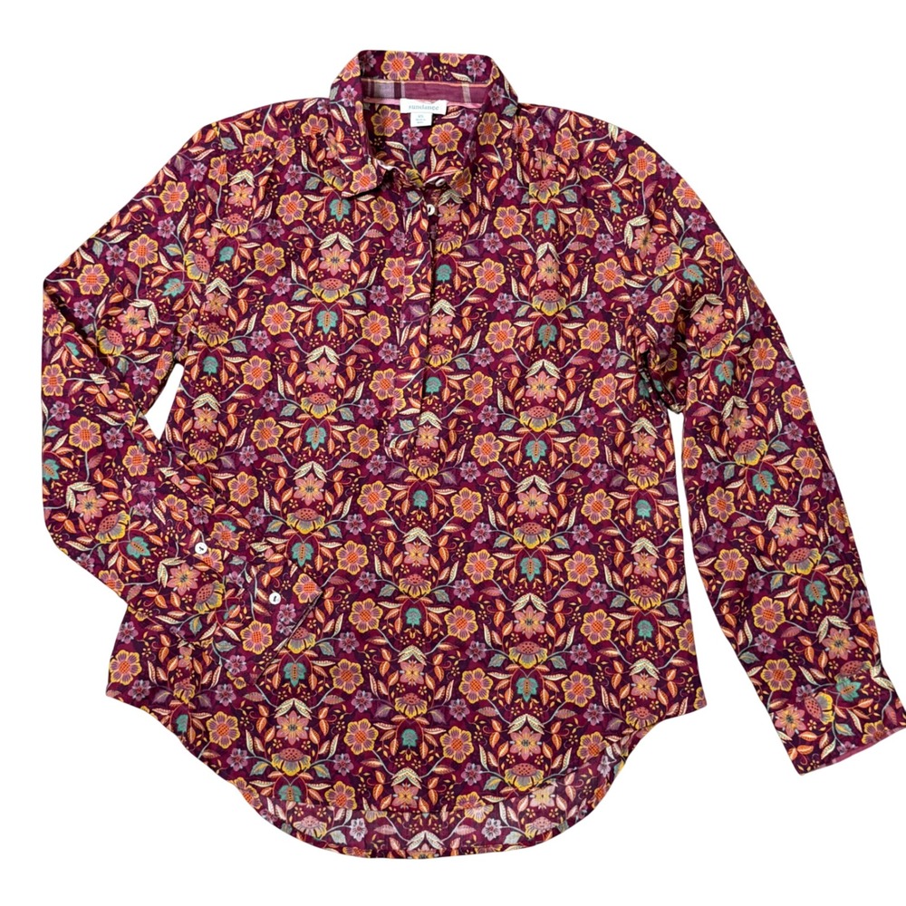 Sundance Boho Floral Cotton Lightweight Button Up Blouse XS Oversized Fall Top